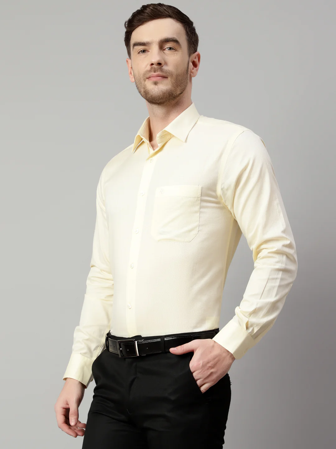 Men's Light Yellow Formal Fil a Fil Plain Full Sleeve Shirt - Image 3