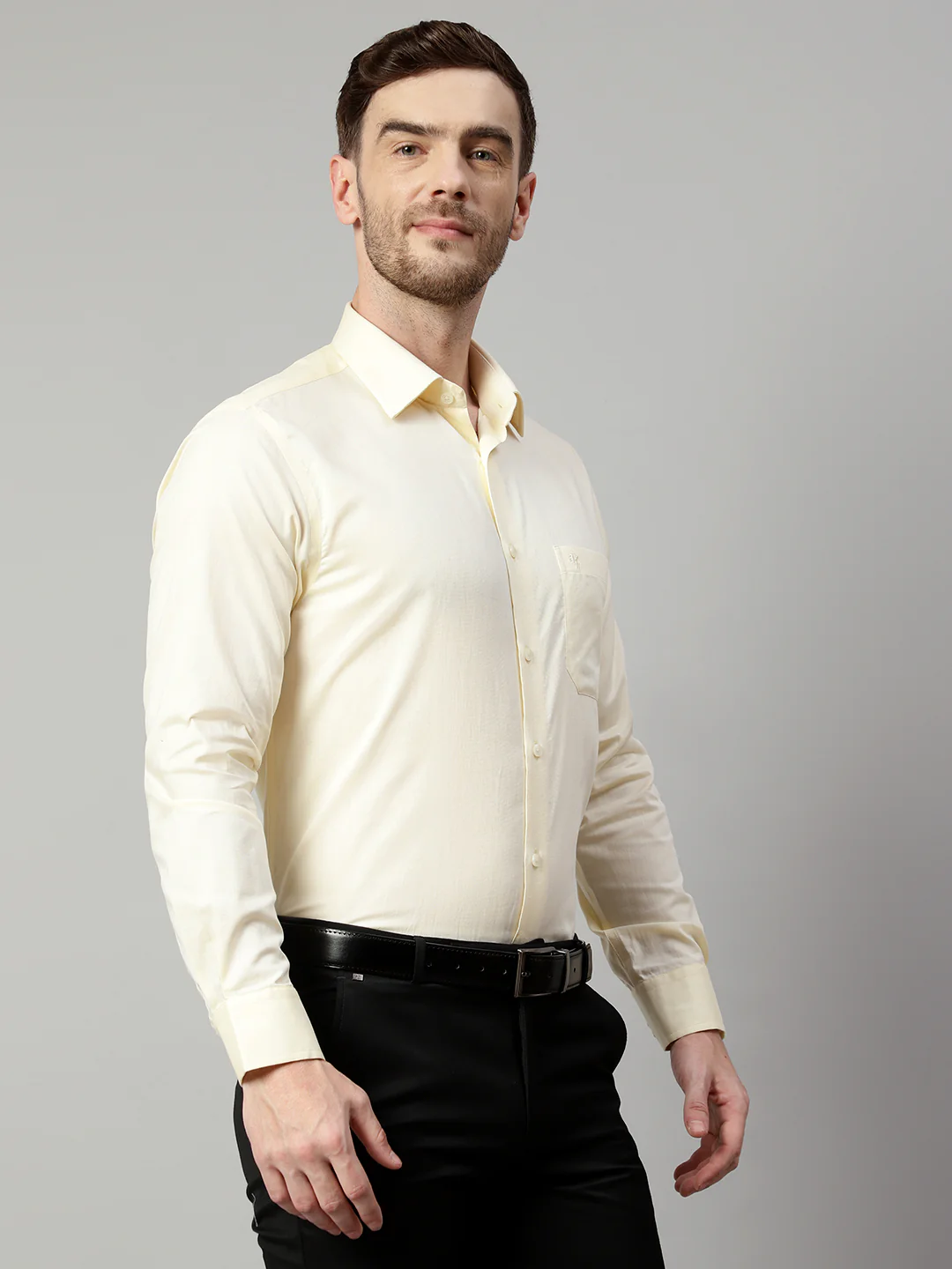 Men's Light Yellow Formal Fil a Fil Plain Full Sleeve Shirt - Image 4