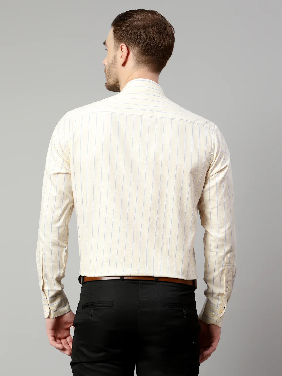 Men's Light Yellow Formal Thin Stripe Full Sleeve Shirt - Image 2