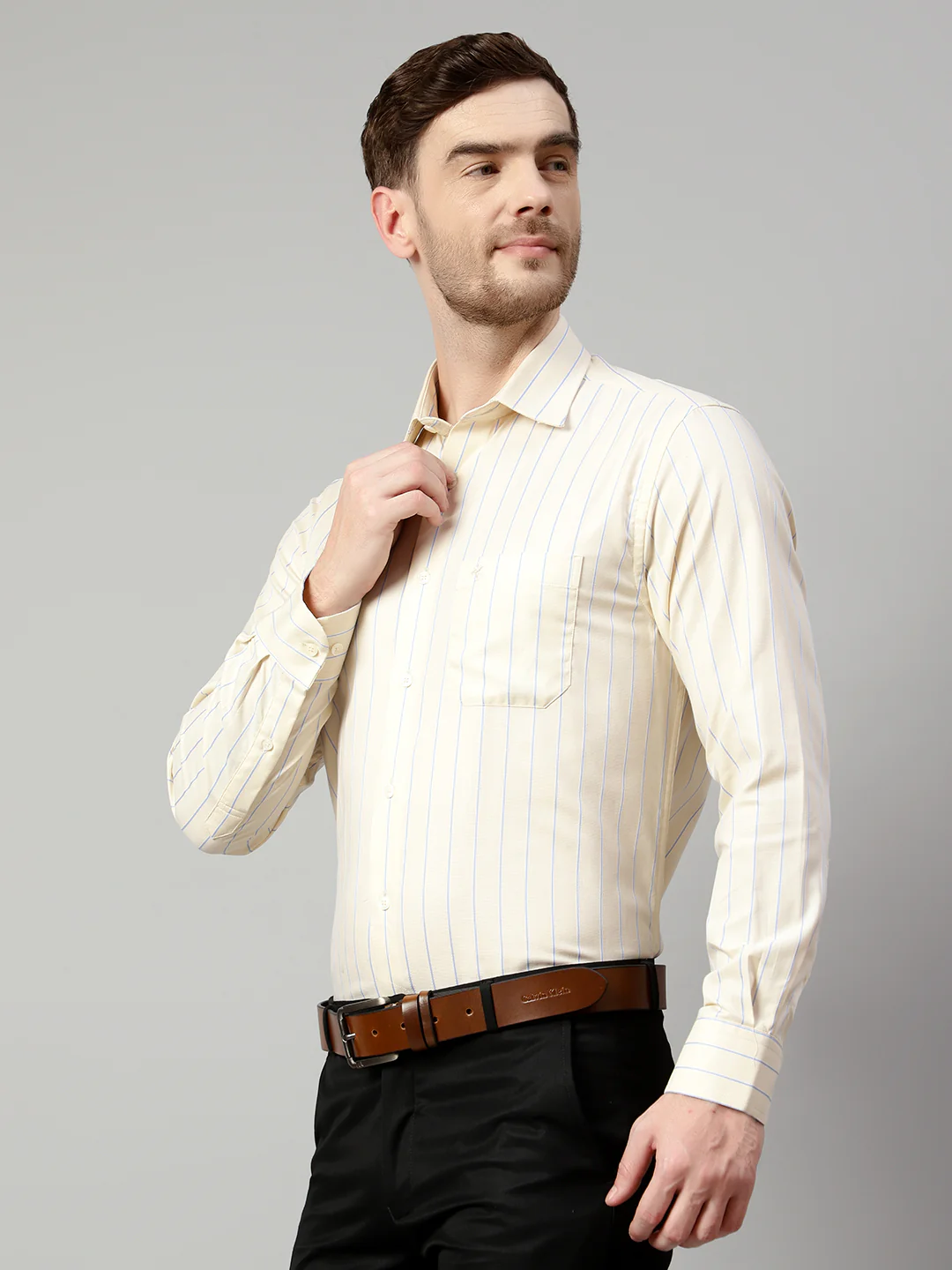 Men's Light Yellow Formal Thin Stripe Full Sleeve Shirt - Image 3