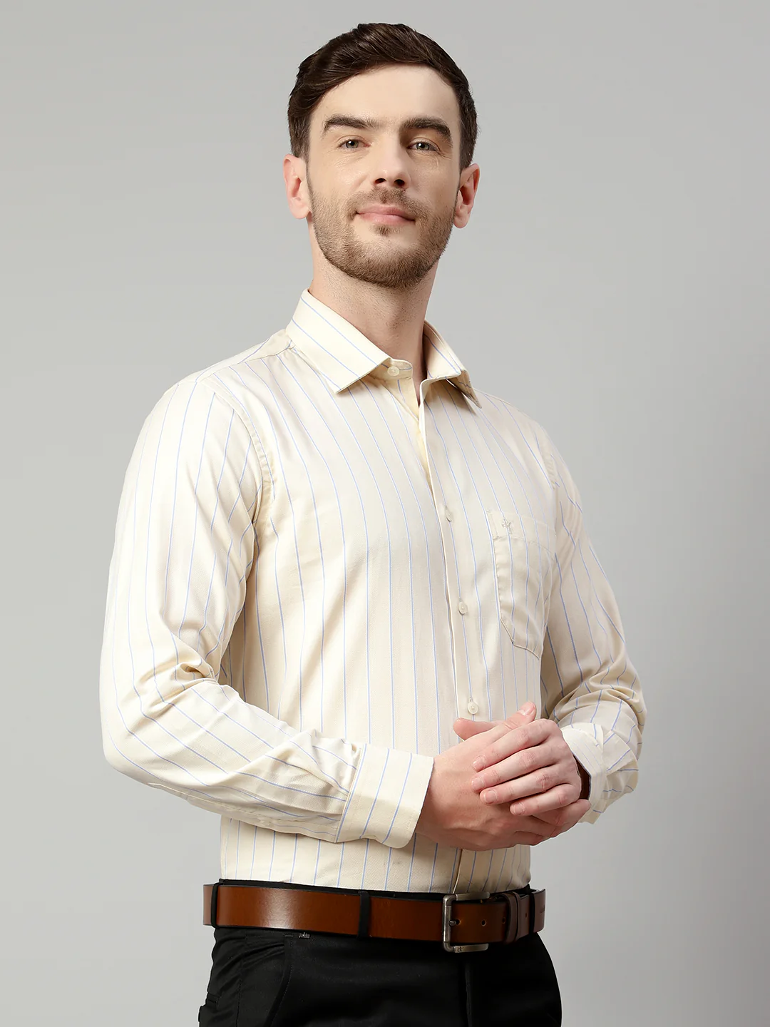 Men's Light Yellow Formal Thin Stripe Full Sleeve Shirt - Image 4
