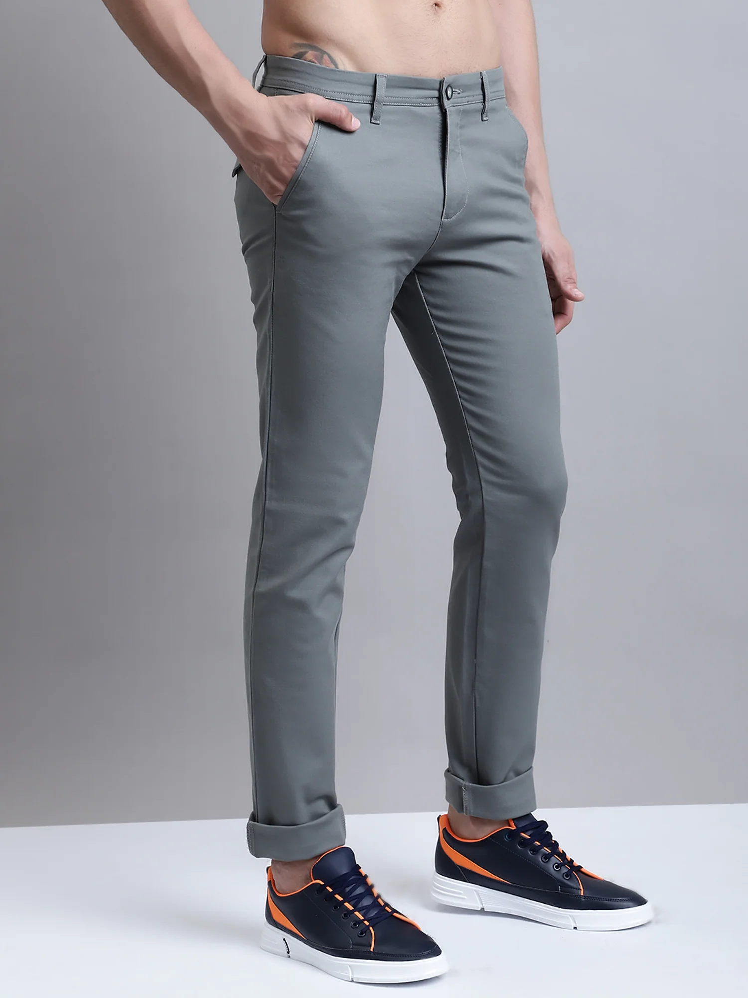 Men's Casual Flat front Light Olive Green  Trousers - Image 3