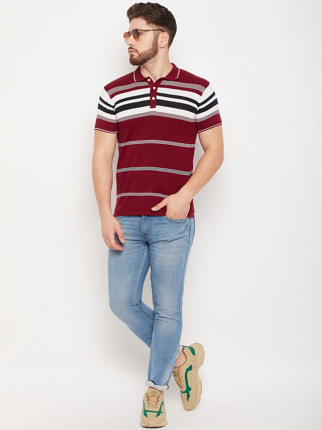 T-Shirt for Men | Breathable & Soft with Color Fastness Regular Fit Polo Neck Cotton Fabric Striped Pattern - Image 2
