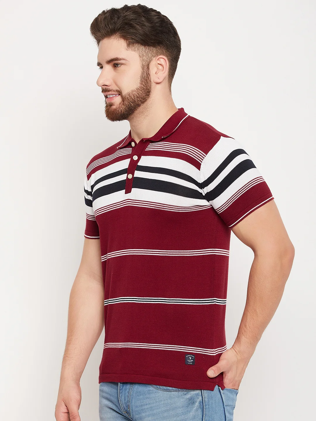 T-Shirt for Men | Breathable & Soft with Color Fastness Regular Fit Polo Neck Cotton Fabric Striped Pattern - Image 3