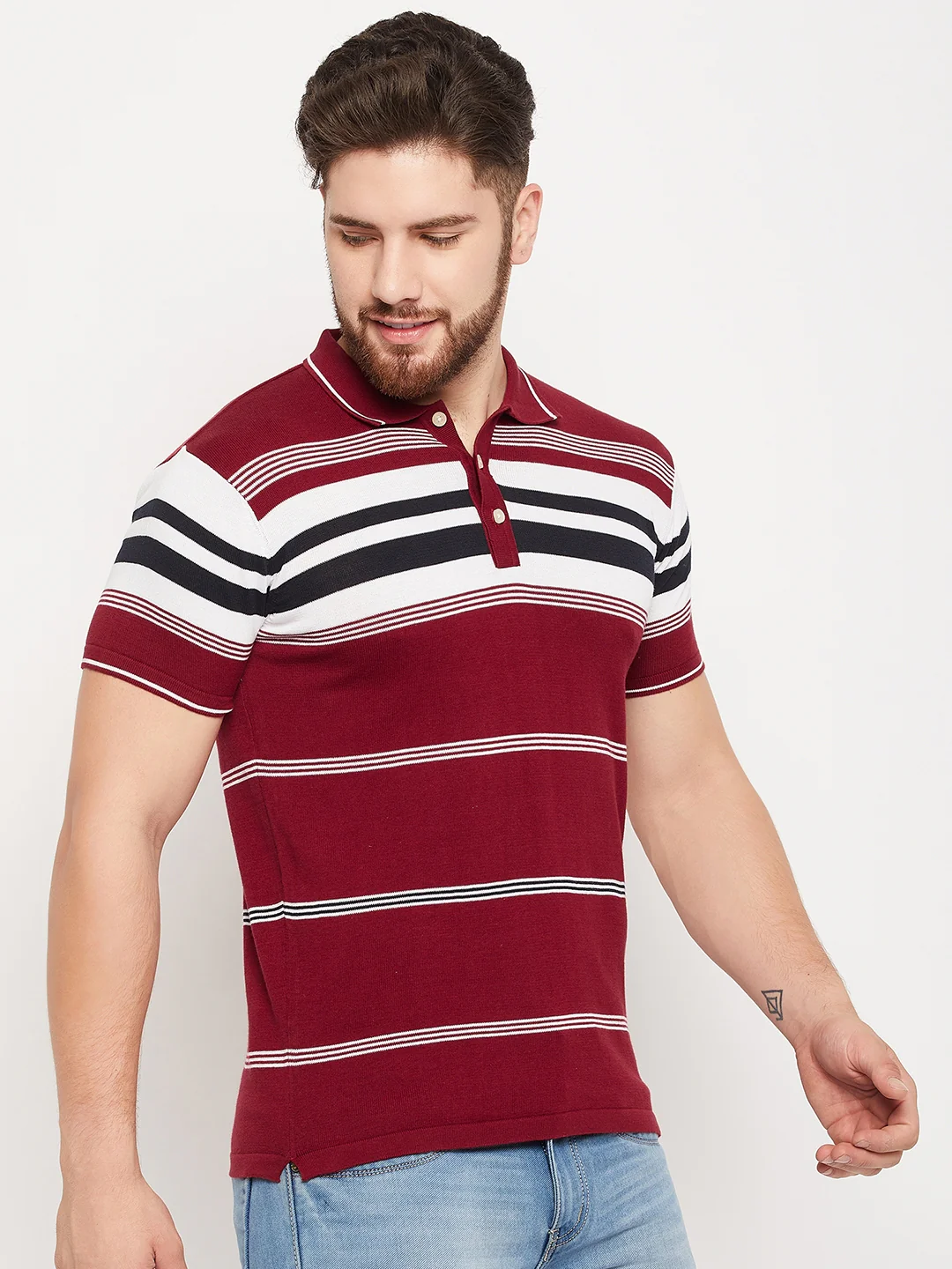 T-Shirt for Men | Breathable & Soft with Color Fastness Regular Fit Polo Neck Cotton Fabric Striped Pattern - Image 4