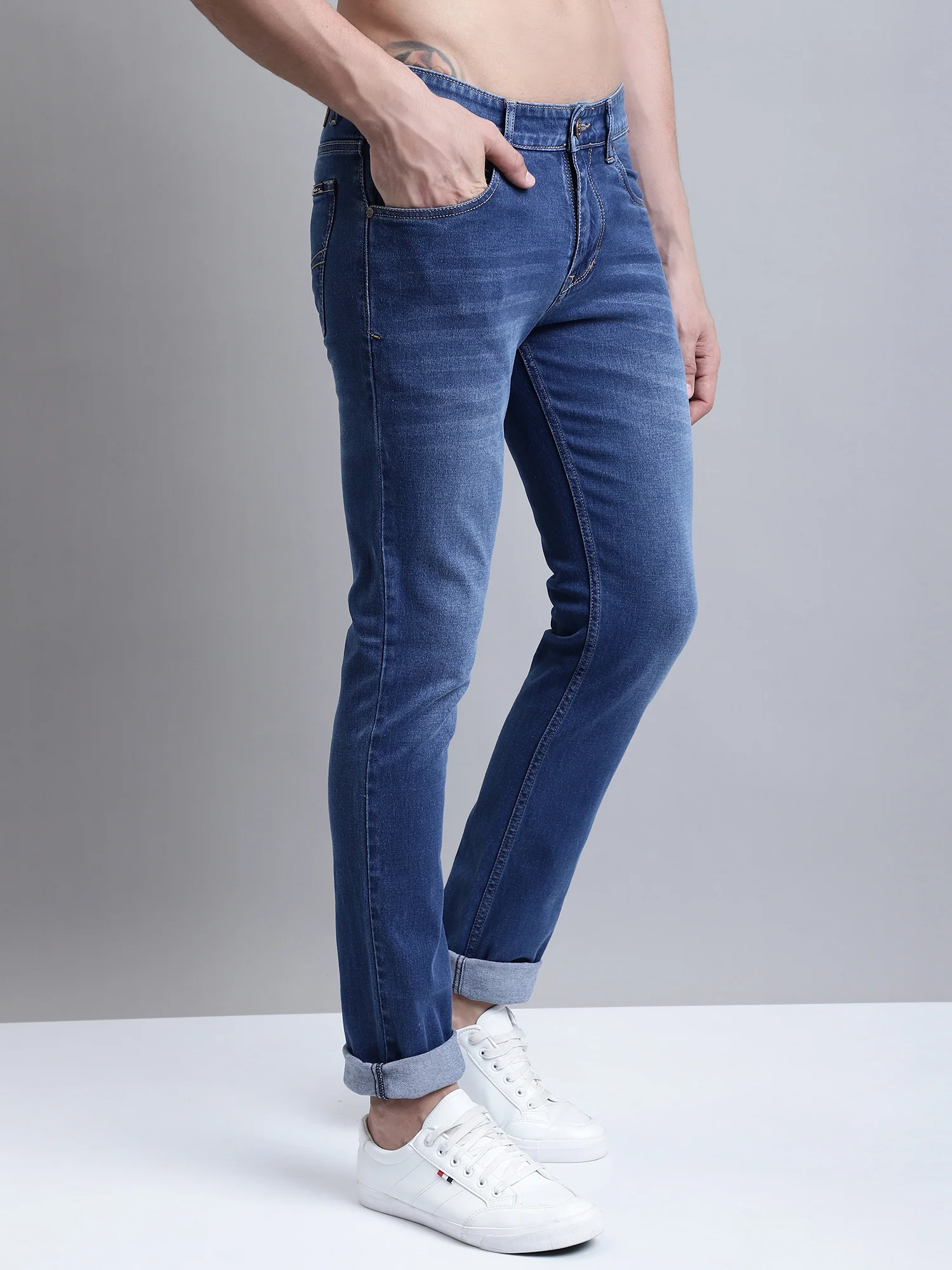Denim Jeans for Men l Breathable & Soft with Color Fastness Ultra Narrow Fit Cotton Fabric Solid Pattern Button Closure - Image 3