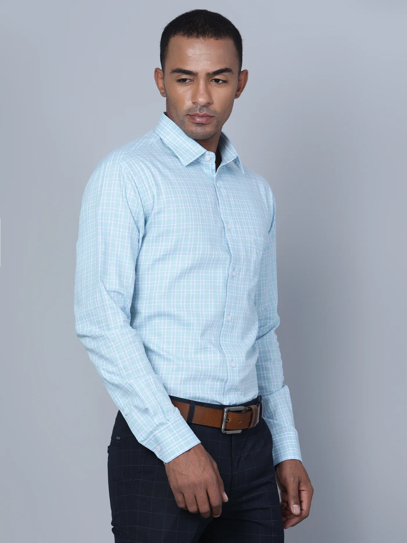 Men's Mint Blue Formal Small Checks Full Sleeve Shirt - Image 2