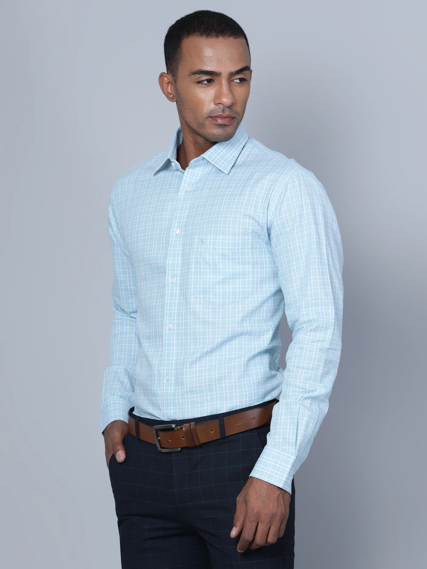 Men's Mint Blue Formal Small Checks Full Sleeve Shirt - Image 3