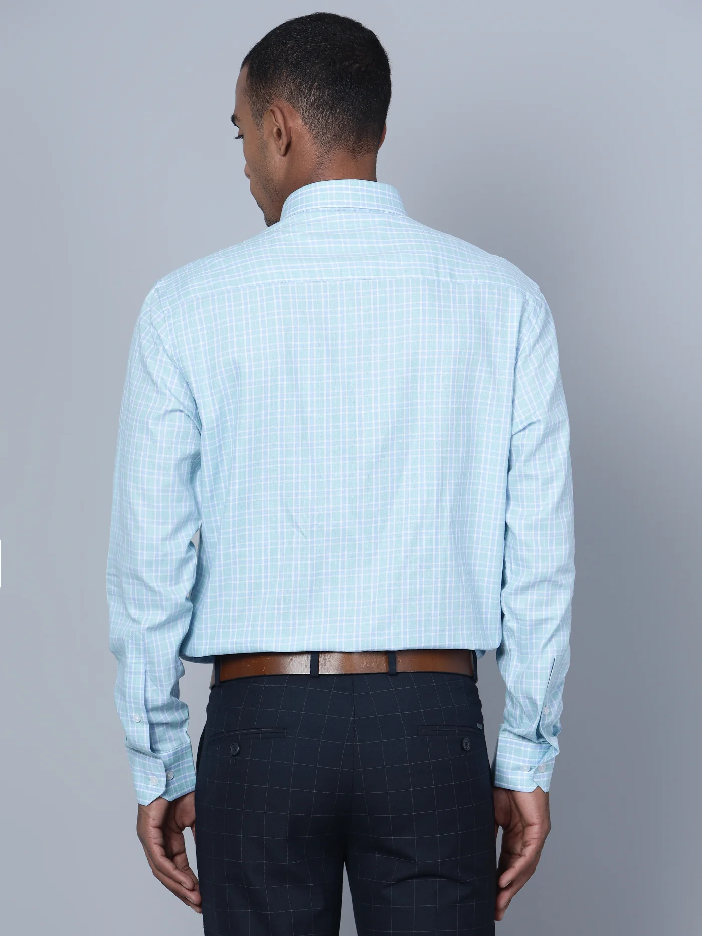 Men's Mint Blue Formal Small Checks Full Sleeve Shirt - Image 4