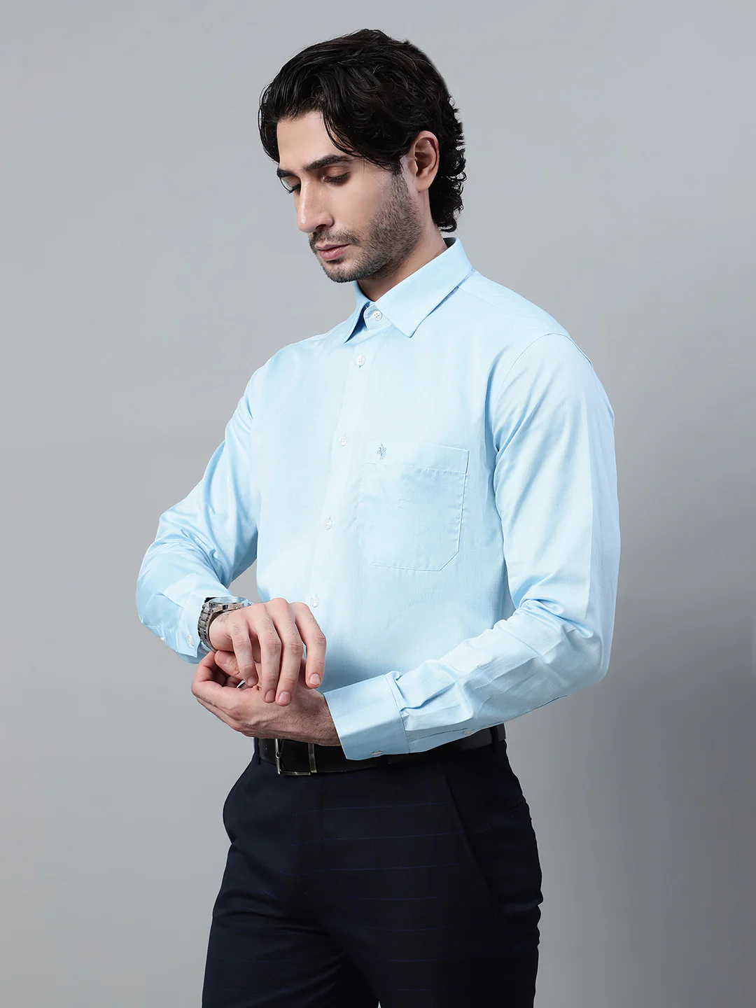 Men's Mint Blue Formal Fil a Fil Plain Full Sleeve Shirt - Image 3
