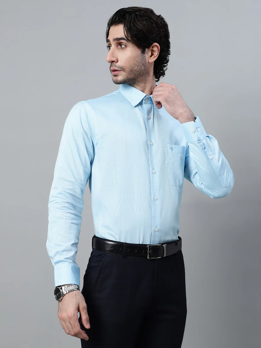 Men's Mint Blue Formal Fil a Fil Plain Full Sleeve Shirt - Image 4