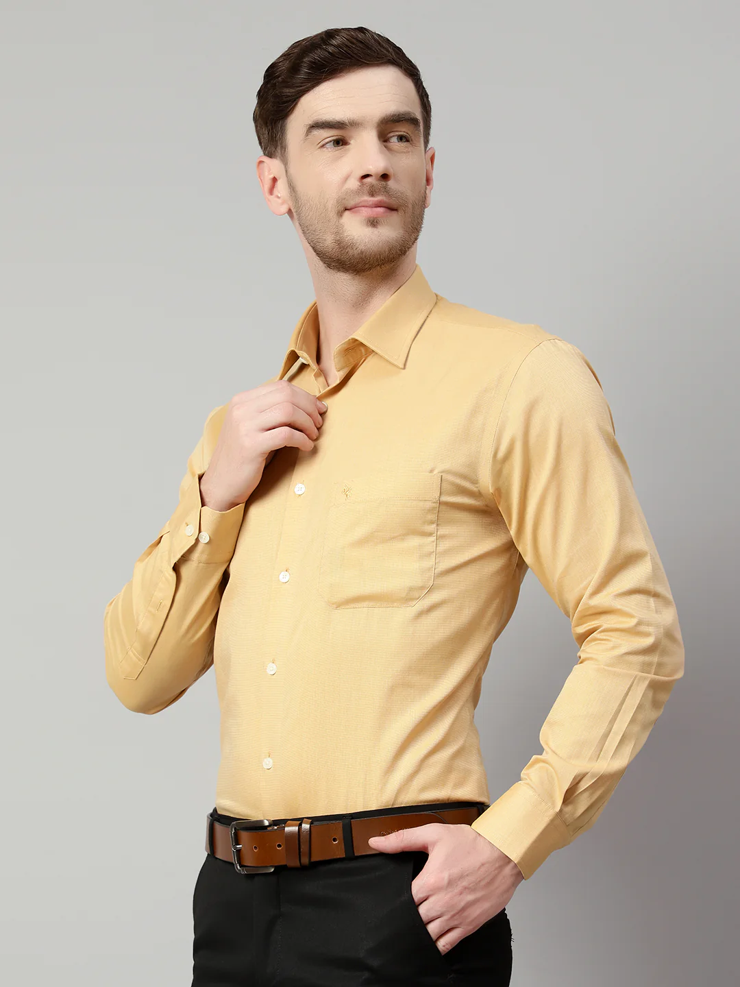 Men's Mustard Formal Fil a Fil Plain Full Sleeve Shirt - Image 3