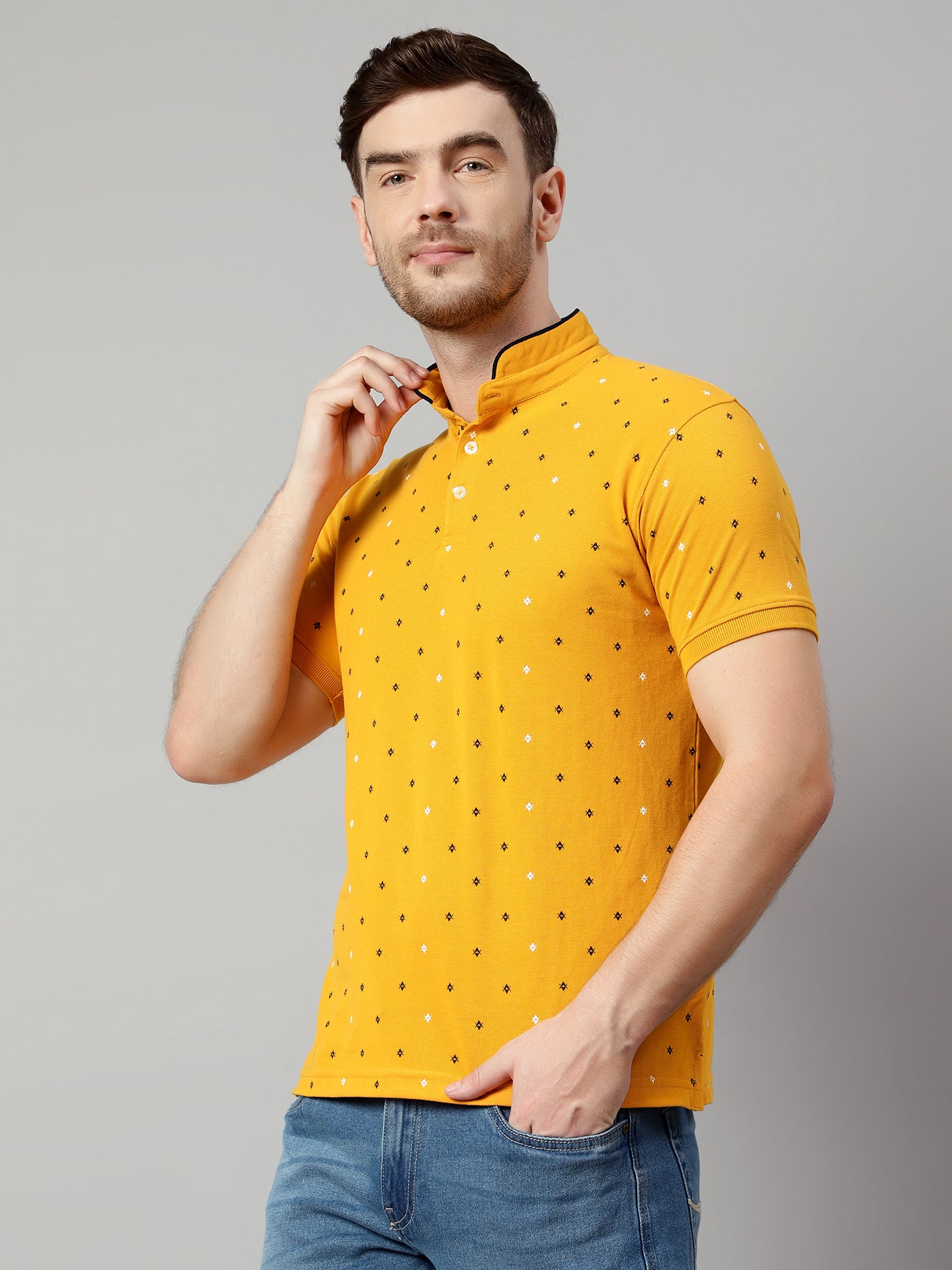 T-Shirt for Men | Breathable & Soft with Color Fastness Regular Fit Mandarin Collar Poly Cotton Fabric Printed Pattern - Image 3