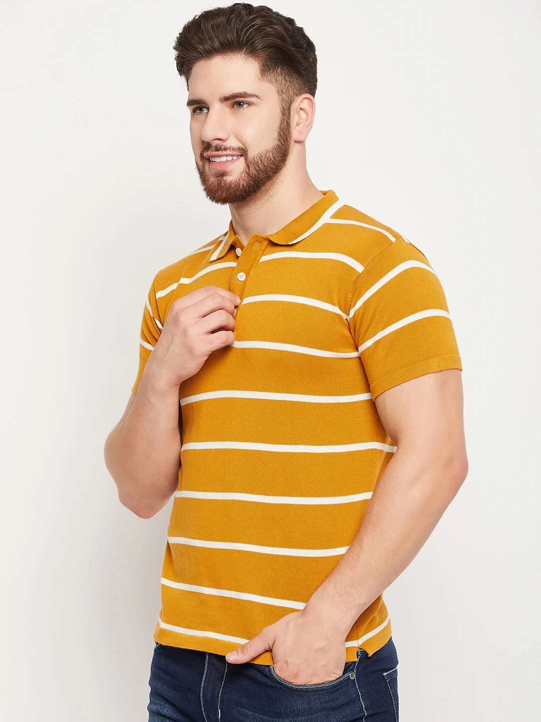 T-Shirt for Men | Breathable & Soft with Color Fastness Regular Fit Polo Neck Cotton Fabric Striped Pattern - Image 3