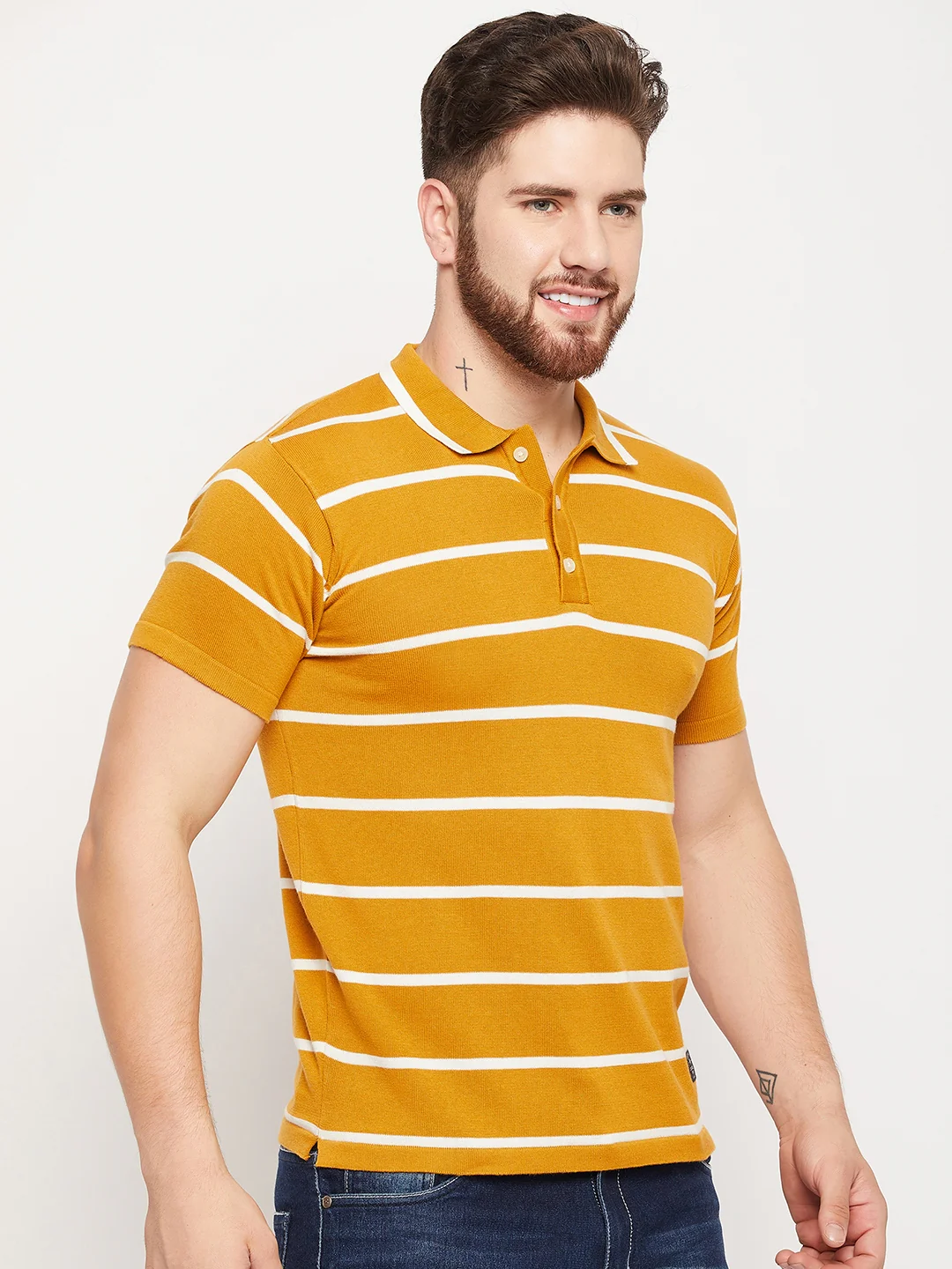 T-Shirt for Men | Breathable & Soft with Color Fastness Regular Fit Polo Neck Cotton Fabric Striped Pattern - Image 4