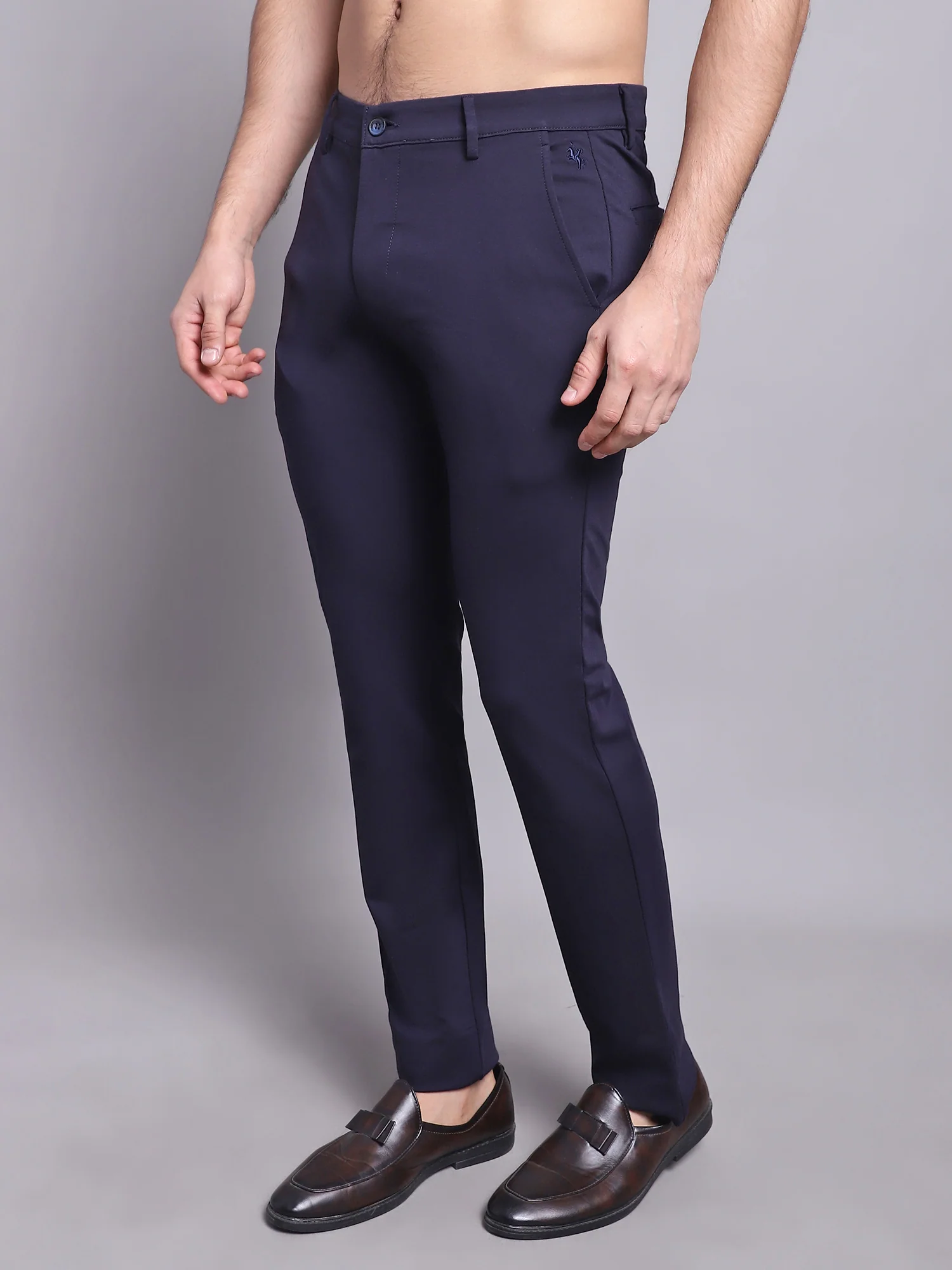 Men's Casual Flat front Navy Blue  Trousers - Image 3