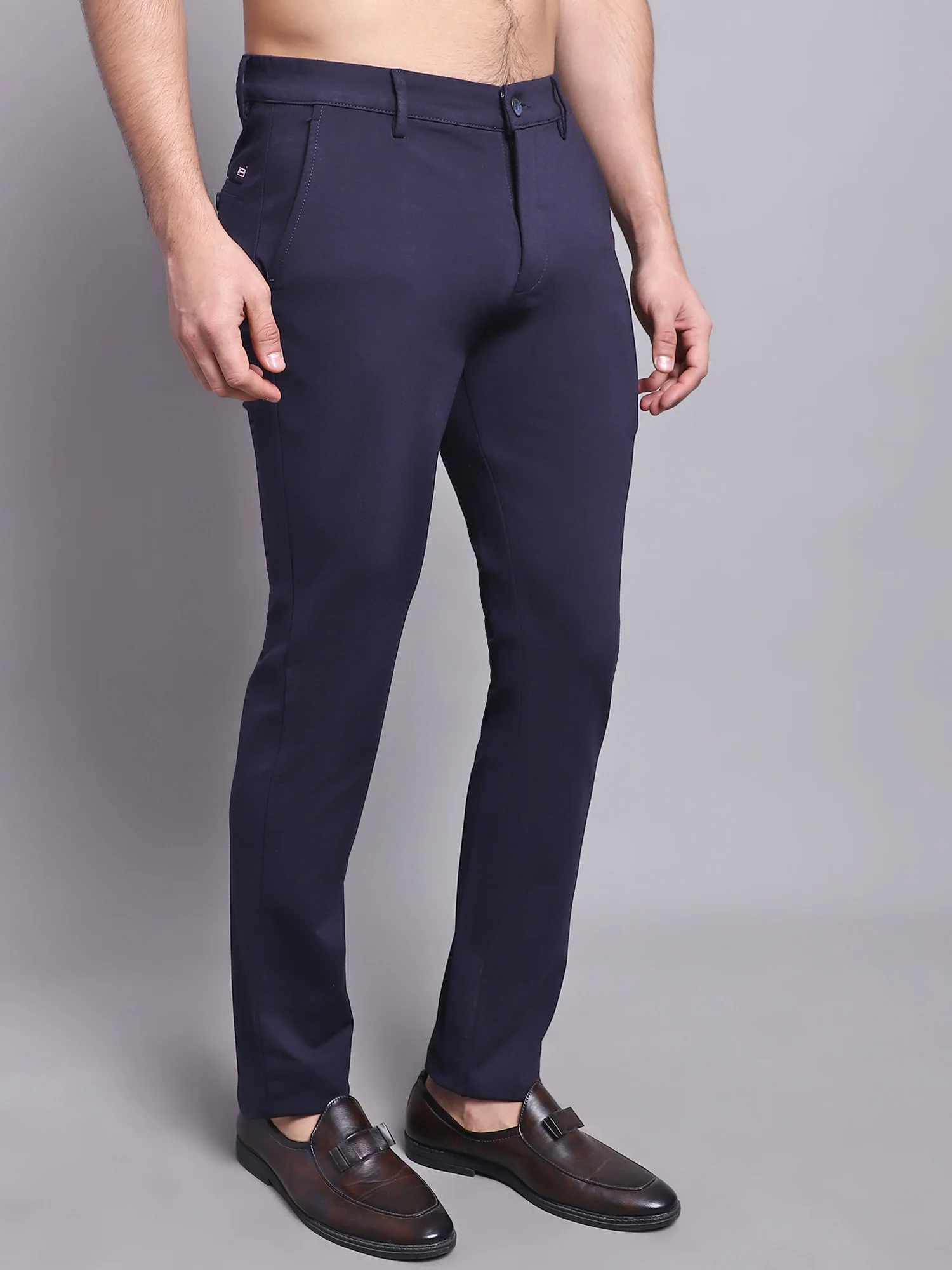 Men's Casual Flat front Navy Blue  Trousers - Image 4