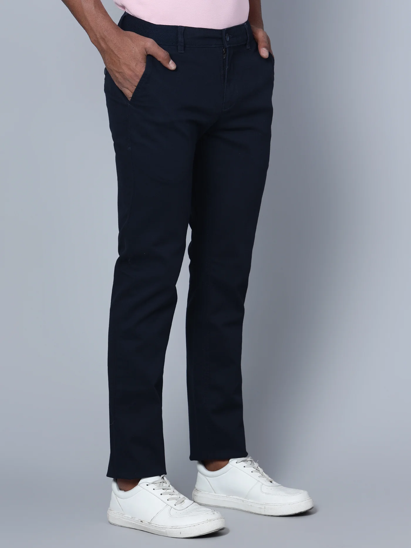 Men's Casual Flat front Navy Blue Trousers - Image 2