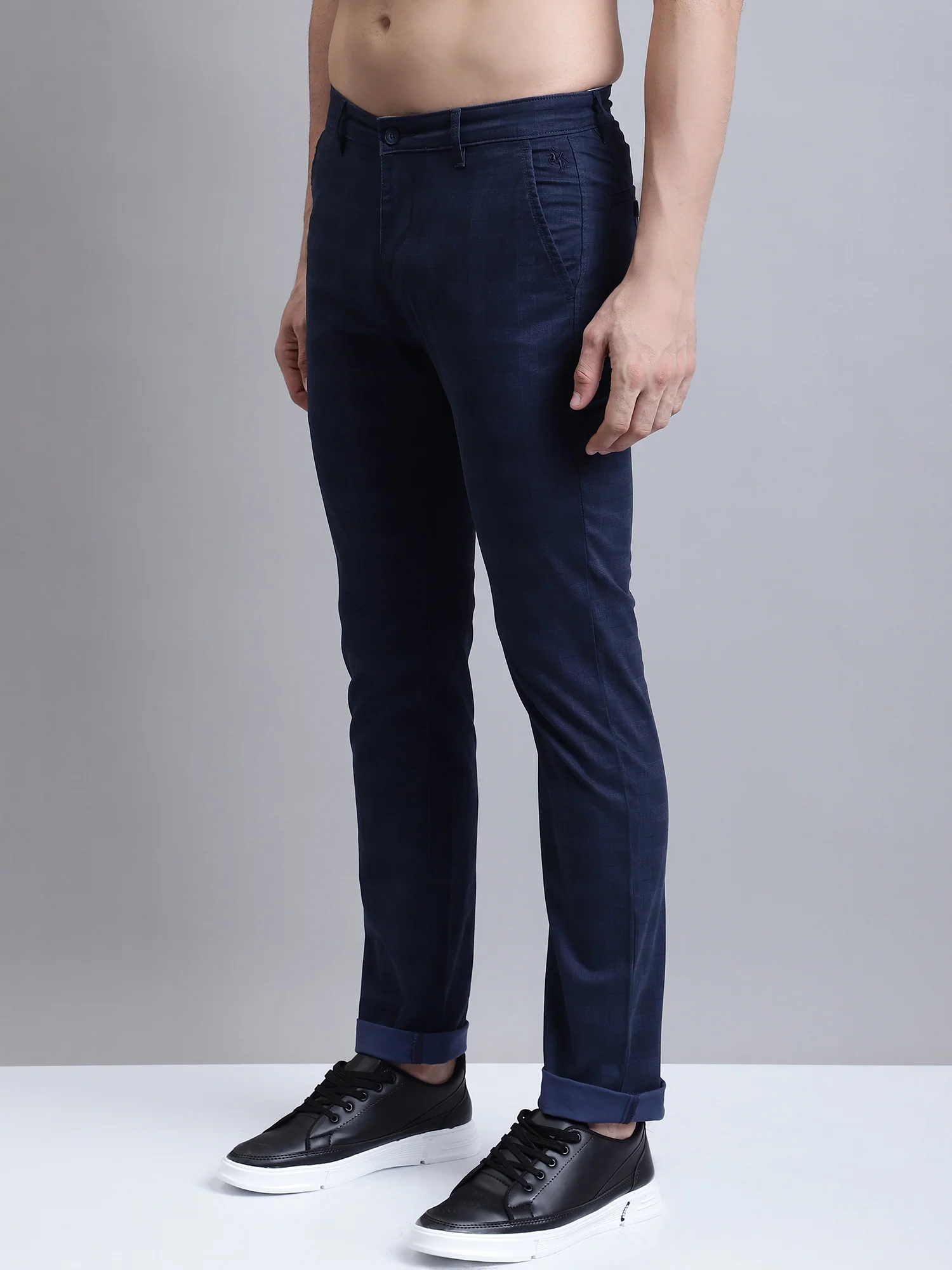 Men's Casual Flat front Navy Blue Printed Trousers - Image 2