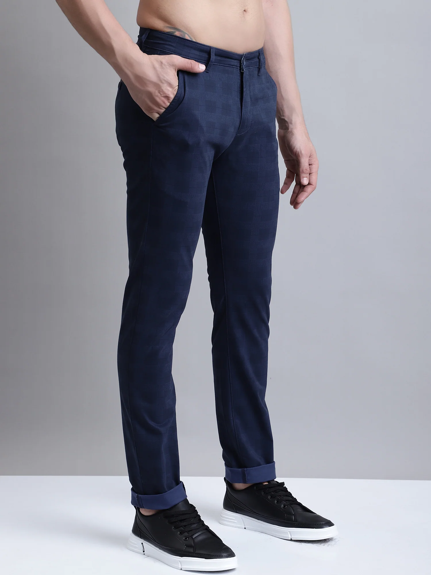 Men's Casual Flat front Navy Blue Printed Trousers - Image 3