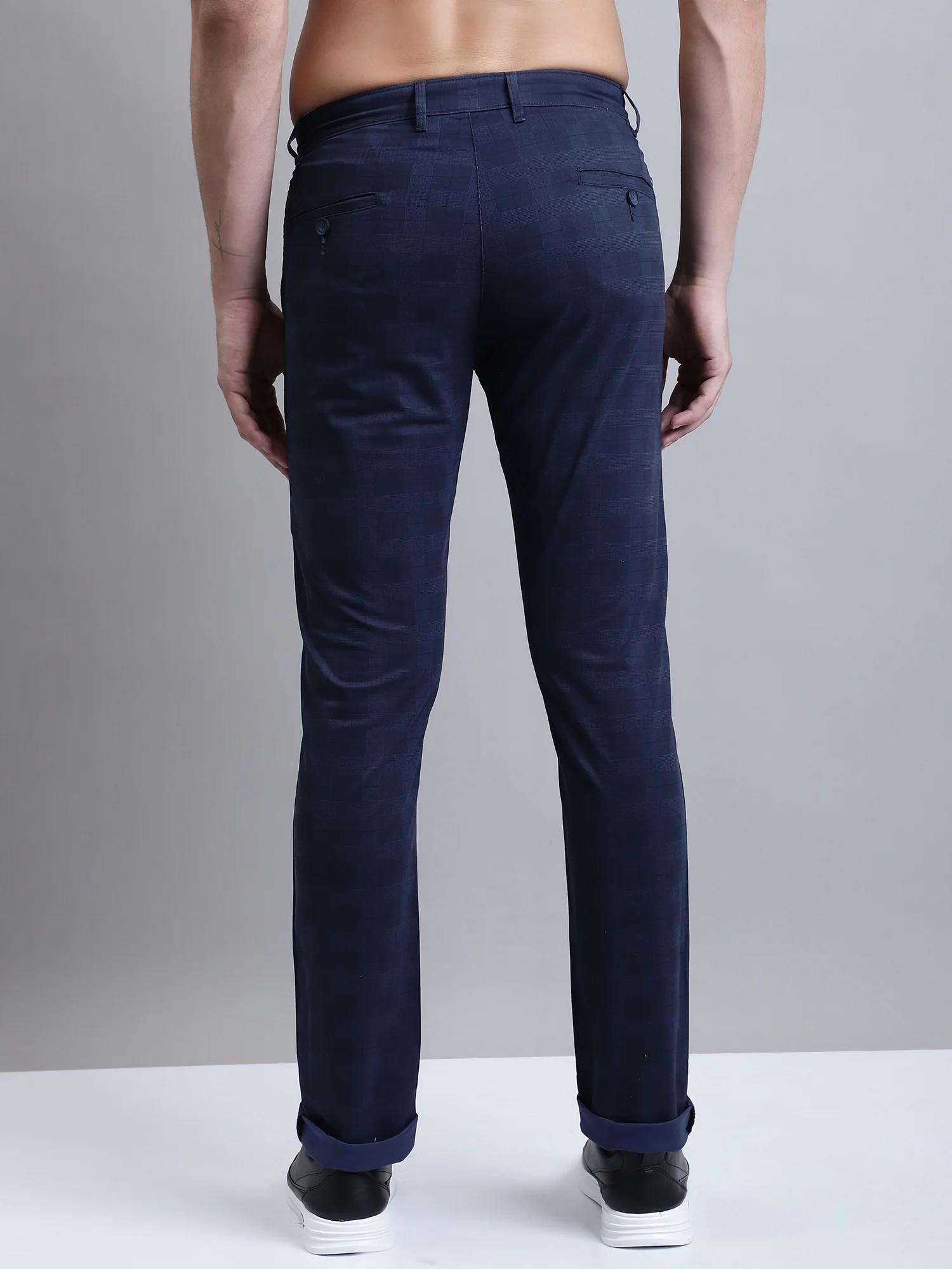 Men's Casual Flat front Navy Blue Printed Trousers - Image 4