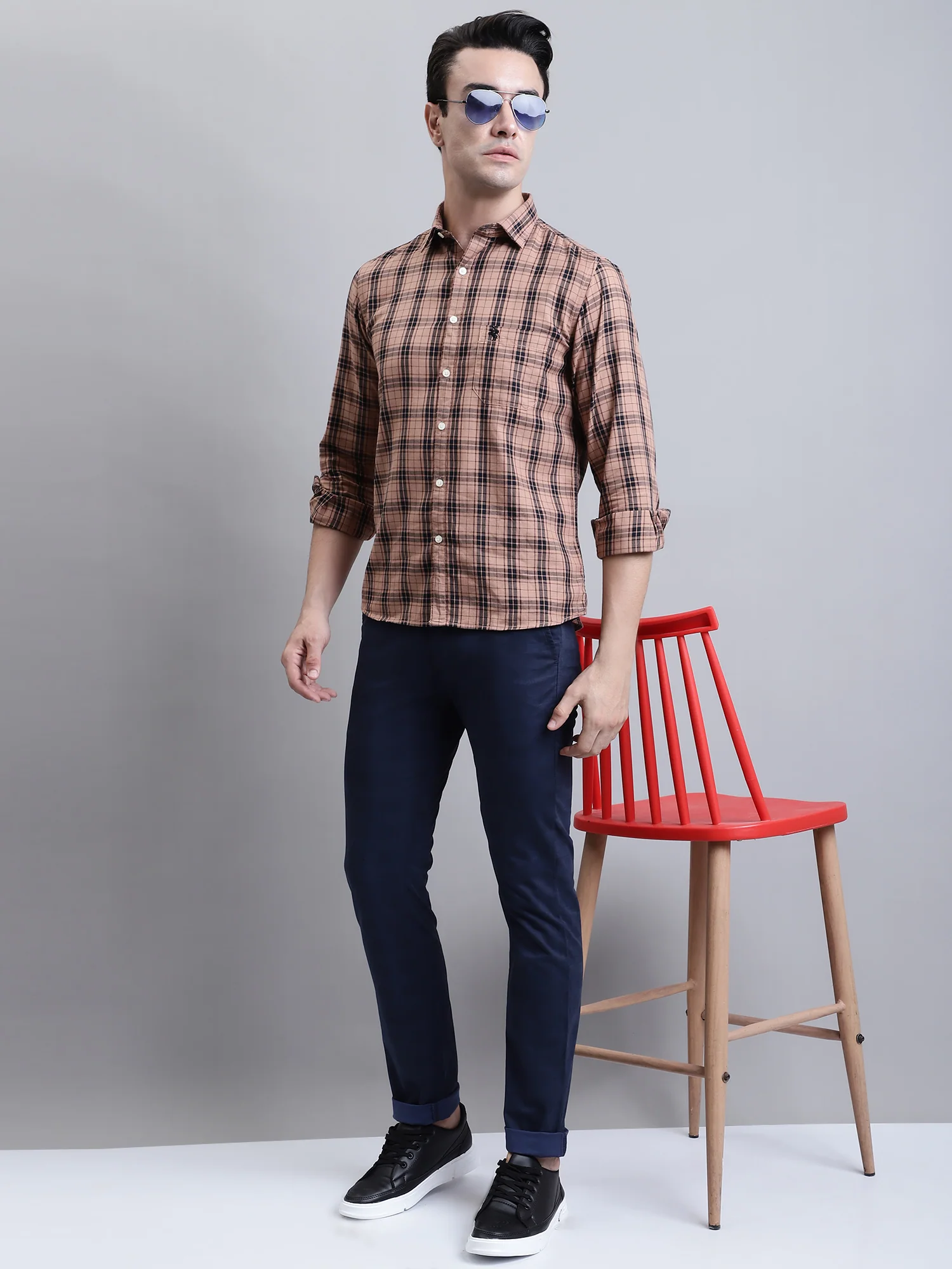 Men's Casual Flat front Navy Blue Printed Trousers - Image 5