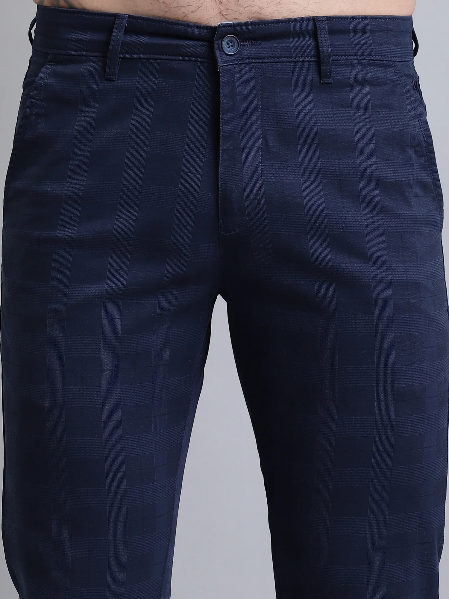 Men's Casual Flat front Navy Blue Printed Trousers - Image 6