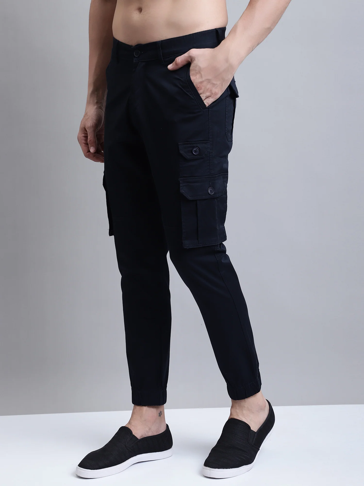Men Navy Blue Solid Casual Cargo - Image 2