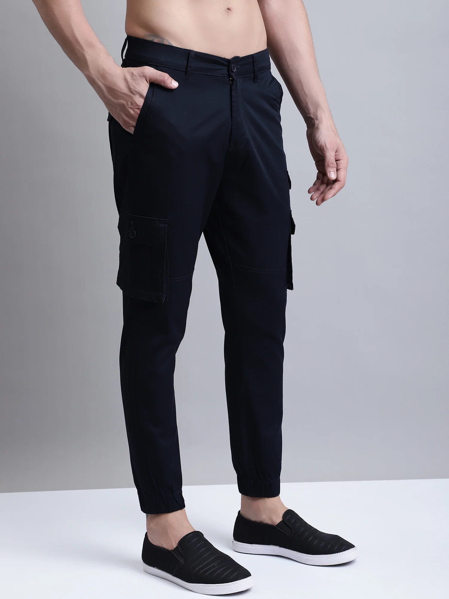 Men Navy Blue Solid Casual Cargo - Image 3