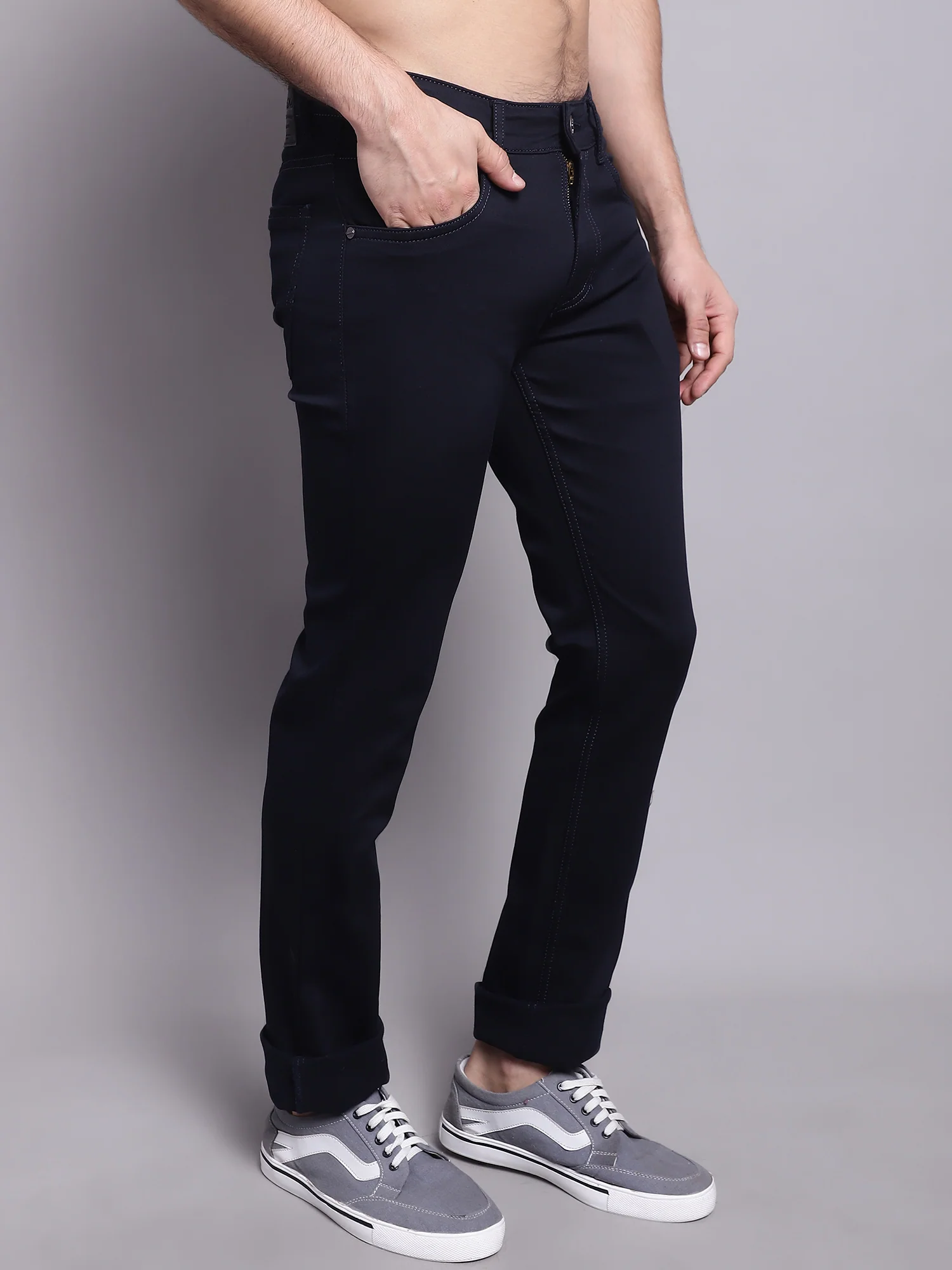 Denim Jeans for Men l Breathable & Soft with Color Fastness Ultra Narrow Fit Cotton Fabric Solid Pattern Button Closure - Image 4