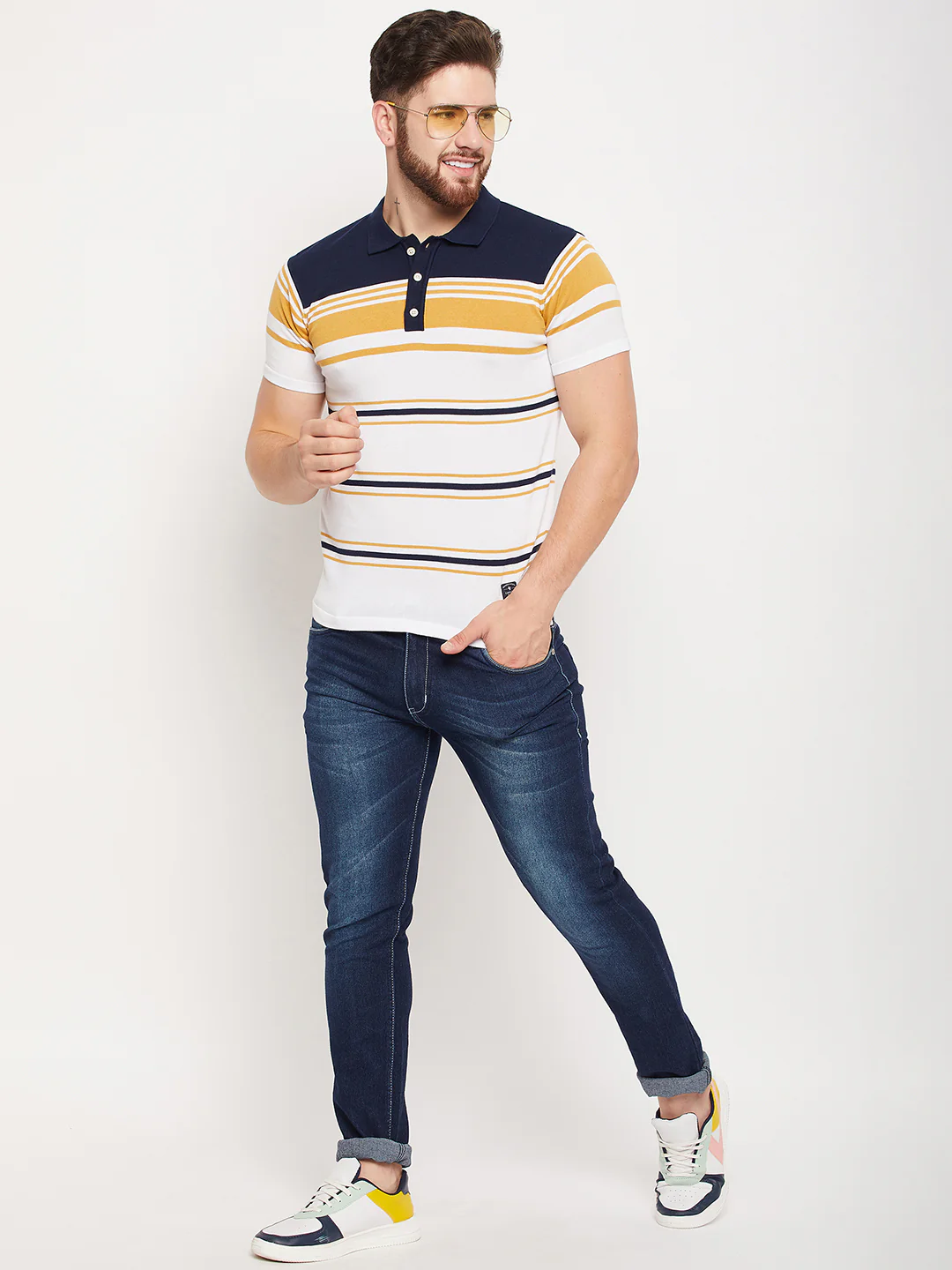 T-Shirt for Men | Breathable & Soft with Color Fastness Regular Fit Polo Neck Cotton Fabric Striped Pattern - Image 2