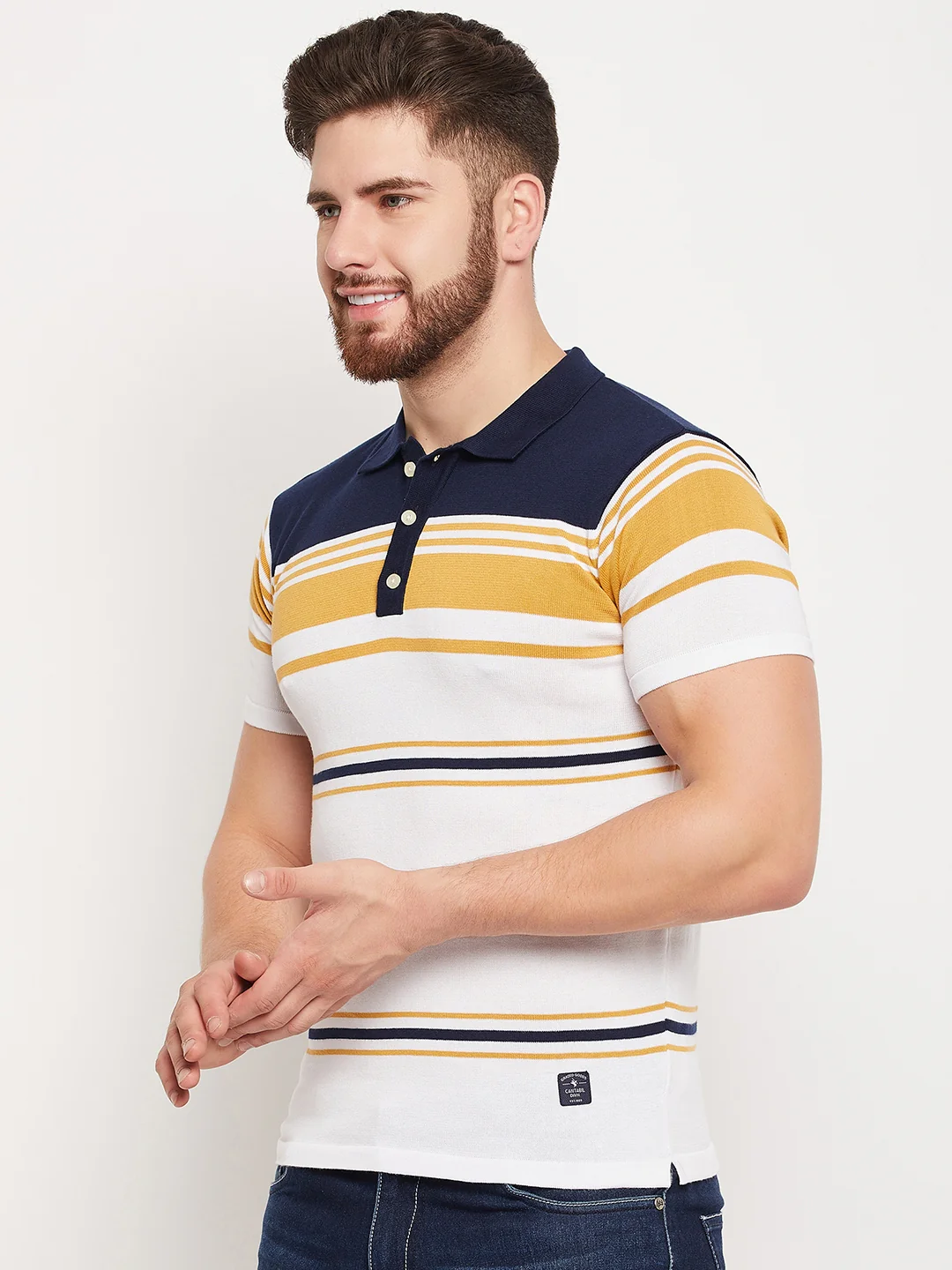 T-Shirt for Men | Breathable & Soft with Color Fastness Regular Fit Polo Neck Cotton Fabric Striped Pattern - Image 3