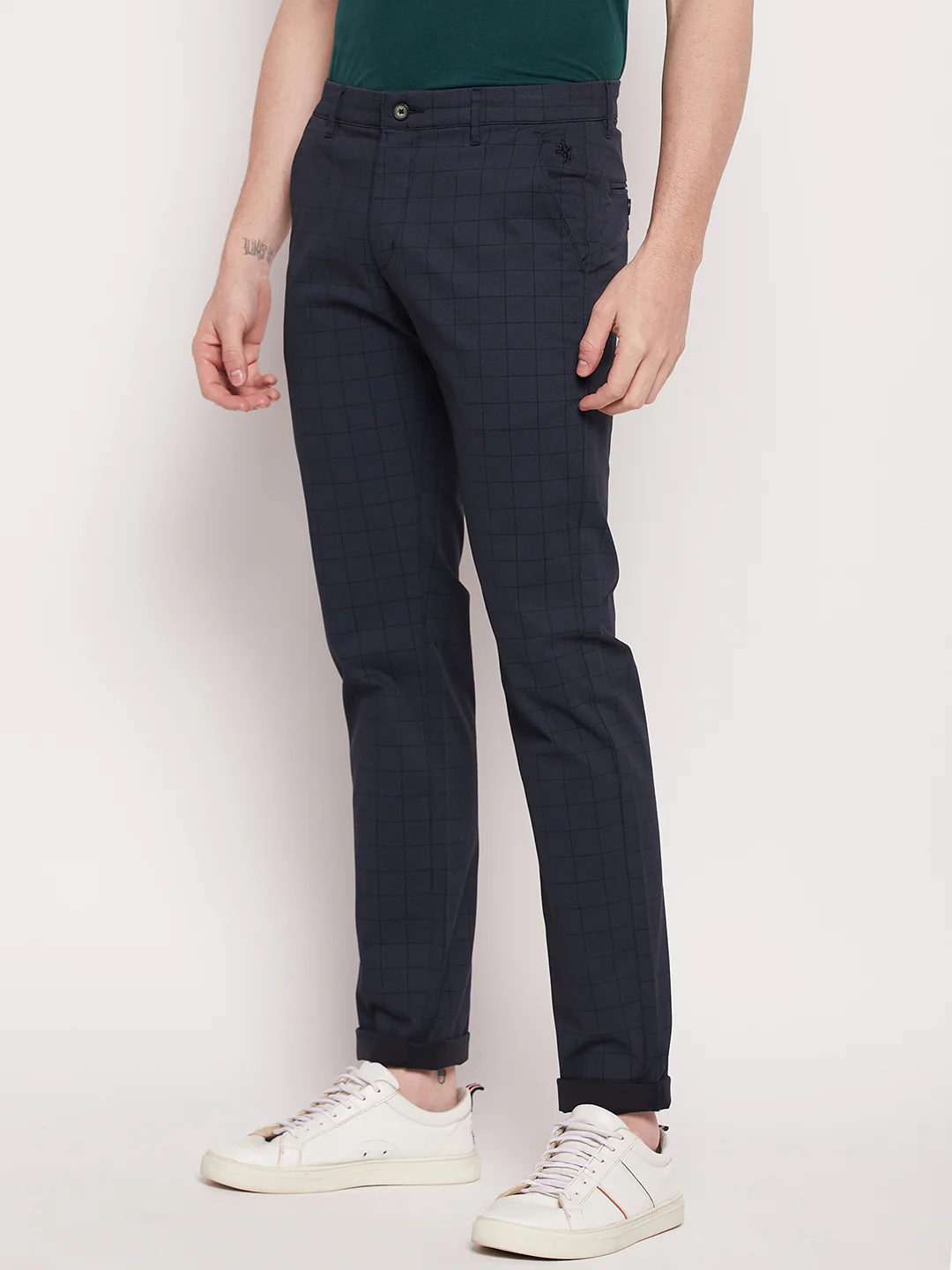 Men's Casual Flat front Navy Blue Checks Trousers - Image 3
