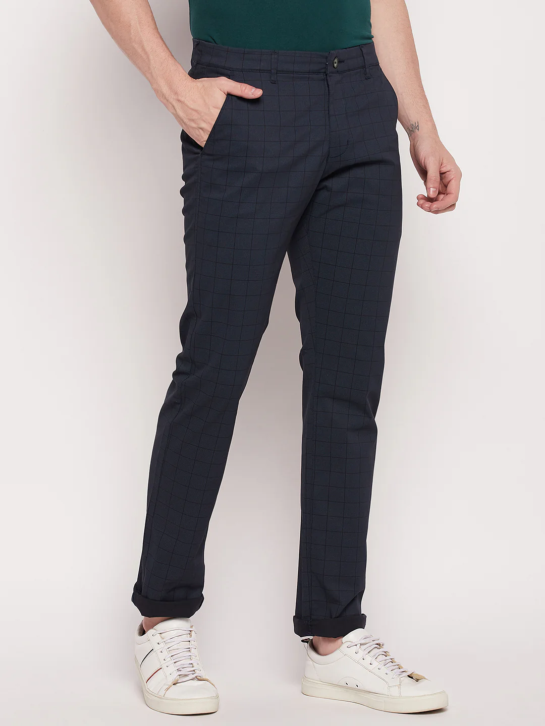 Men's Casual Flat front Navy Blue Checks Trousers - Image 4