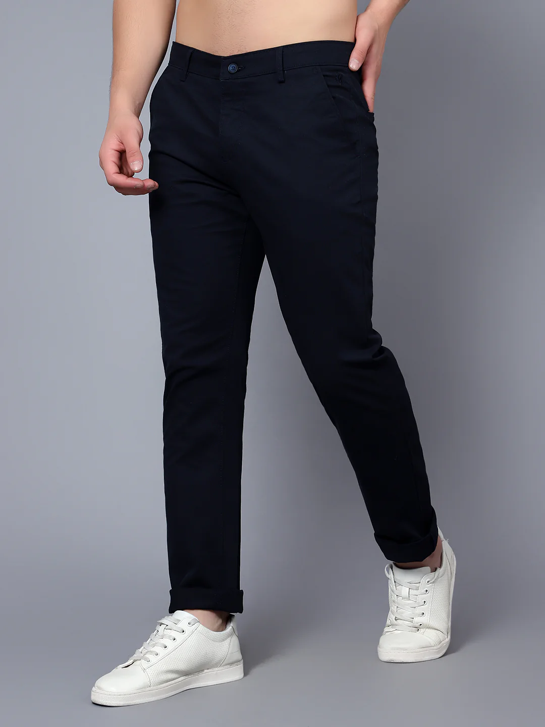 Men's Casual Flat front Navy Blue  Trousers - Image 3