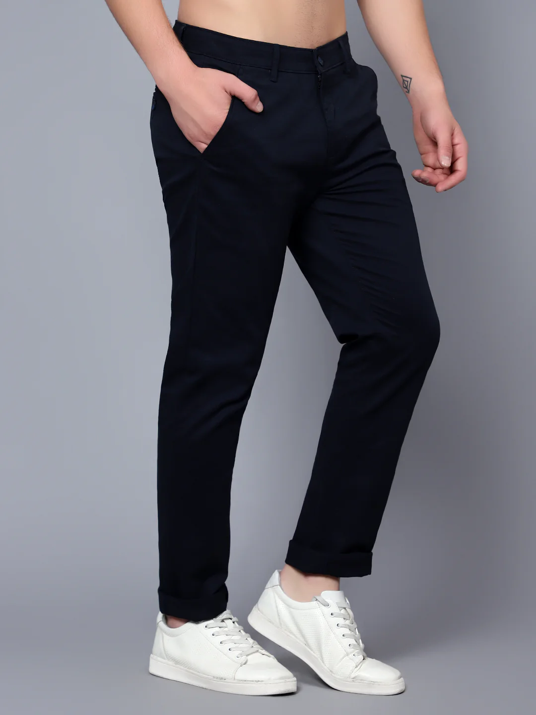 Men's Casual Flat front Navy Blue  Trousers - Image 4