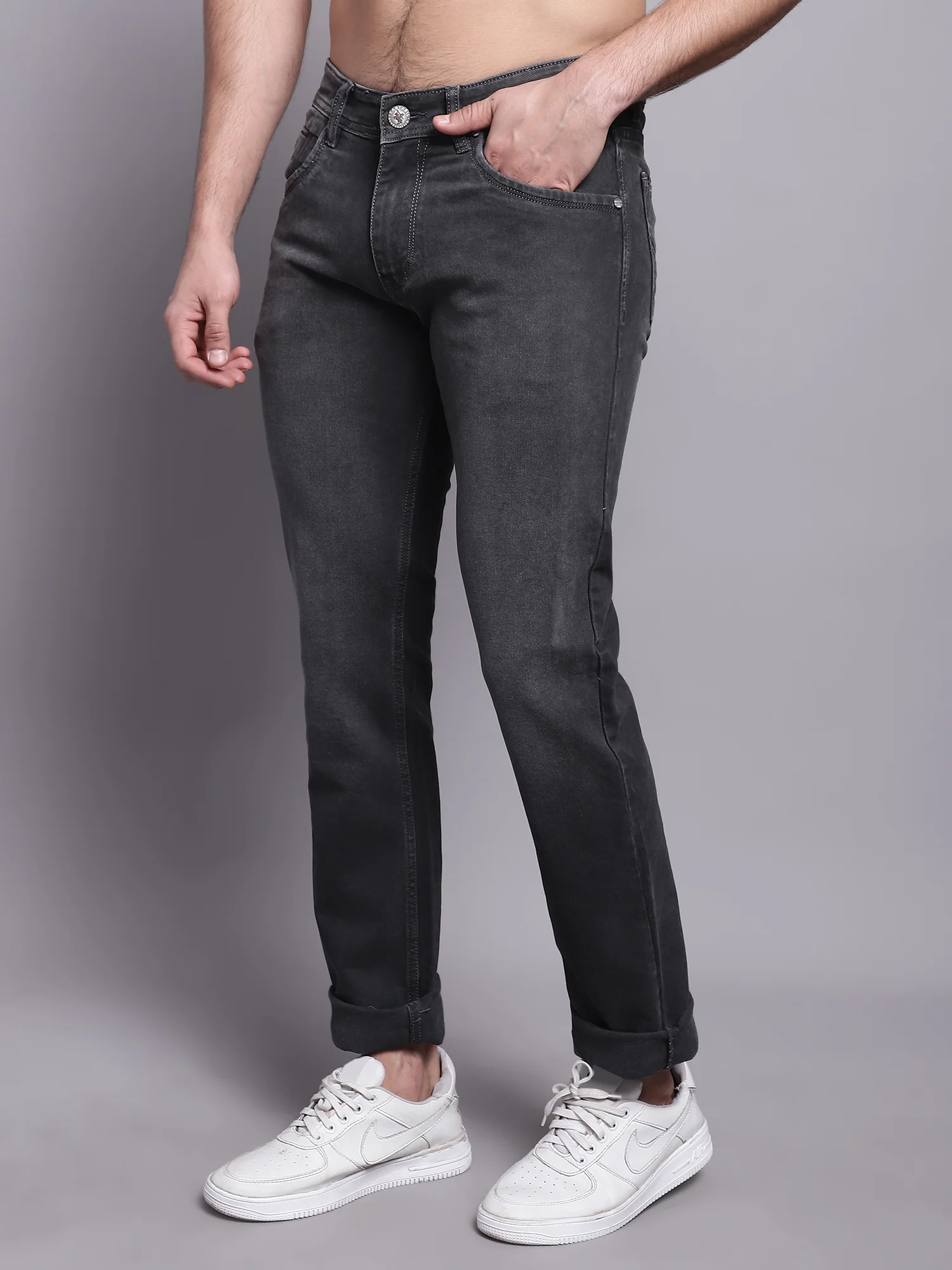 Denim Jeans for Men l Breathable & Soft with Color Fastness Ultra Narrow Fit Cotton Fabric Solid Pattern Button Closure - Image 3