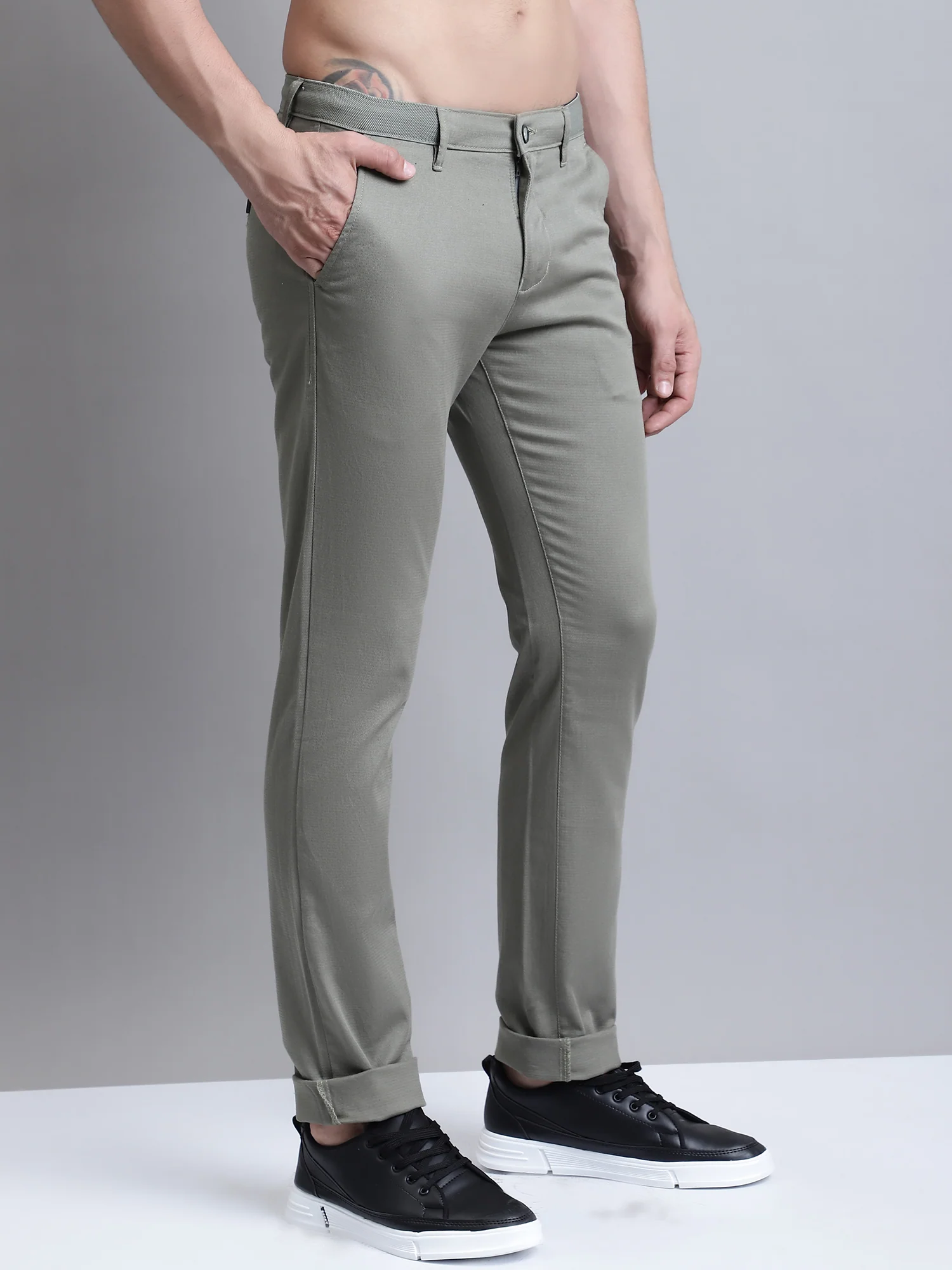 Men's Casual Flat front Light Olive Green  Trousers - Image 3