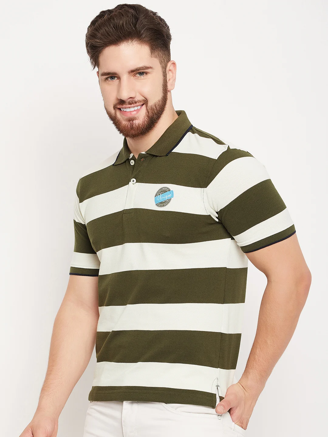 T-Shirt for Men | Breathable & Soft with Color Fastness Regular Fit Polo Neck Poly Cotton Fabric Striped Pattern - Image 3
