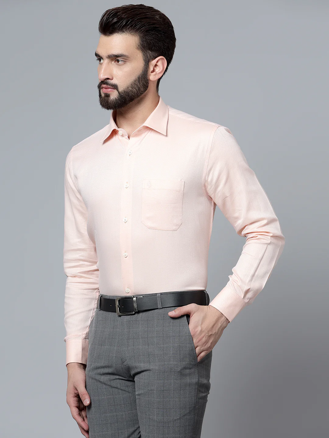 Men's Light Orange Formal Self Textured Full Sleeve Shirt - Image 3