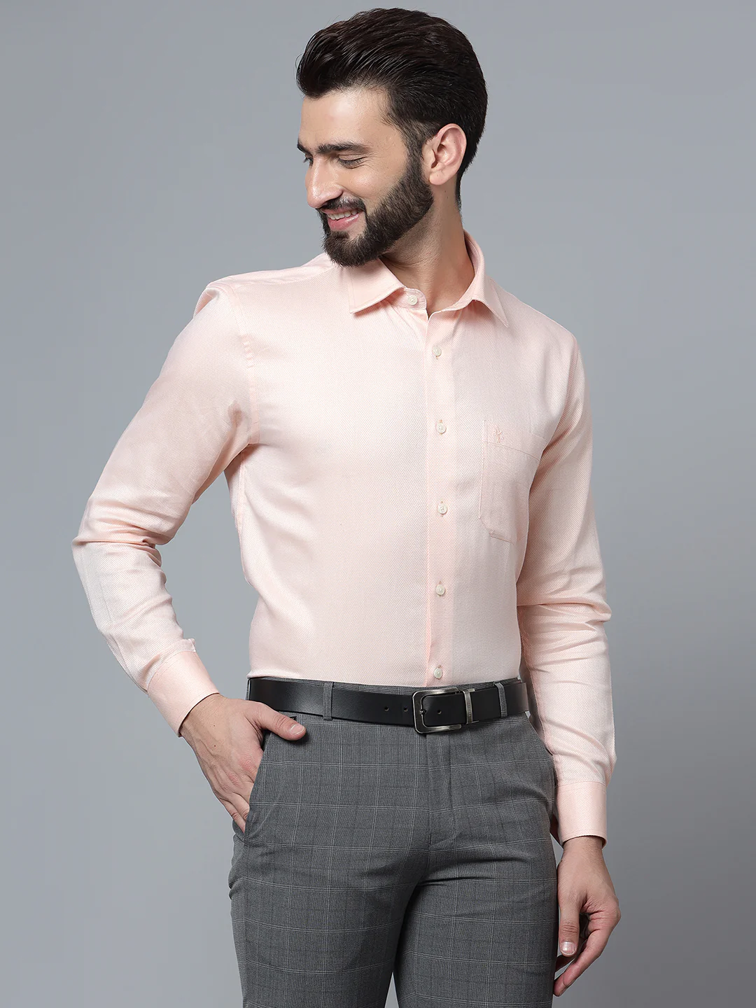 Men's Light Orange Formal Self Textured Full Sleeve Shirt - Image 4