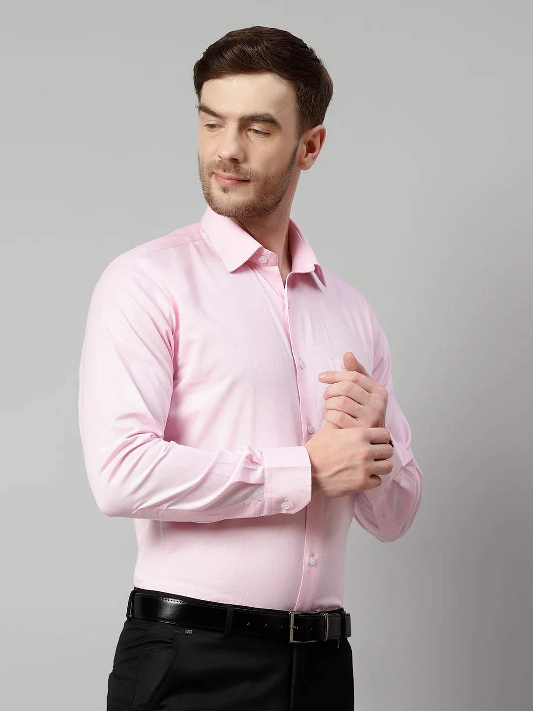 Men's Light Pink Formal Fil a Fil Plain Full Sleeve Shirt - Image 4