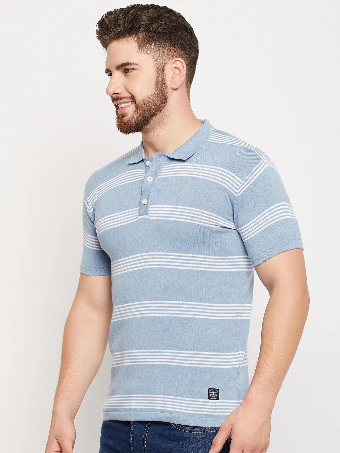 T-Shirt for Men | Breathable & Soft with Color Fastness Regular Fit Polo Neck Cotton Fabric Striped Pattern - Image 3
