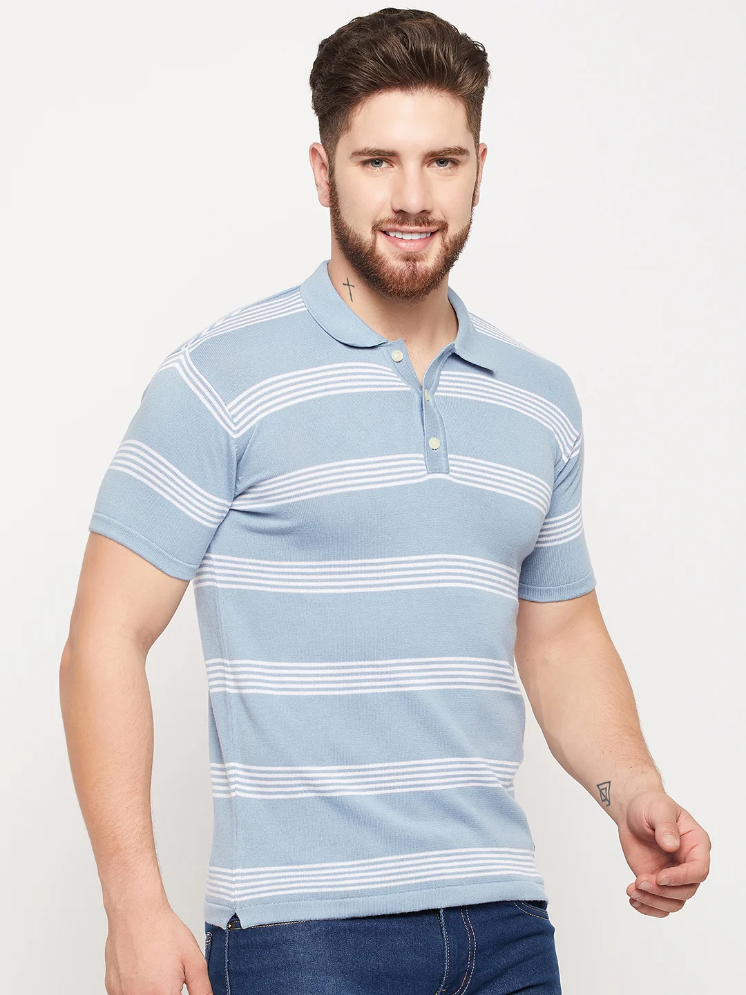 T-Shirt for Men | Breathable & Soft with Color Fastness Regular Fit Polo Neck Cotton Fabric Striped Pattern - Image 4