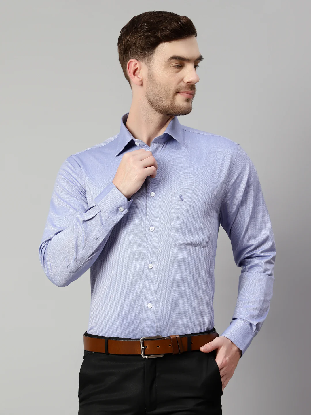 Men's Navy Blue Formal Fil a Fil Plain Full Sleeve Shirt - Image 2