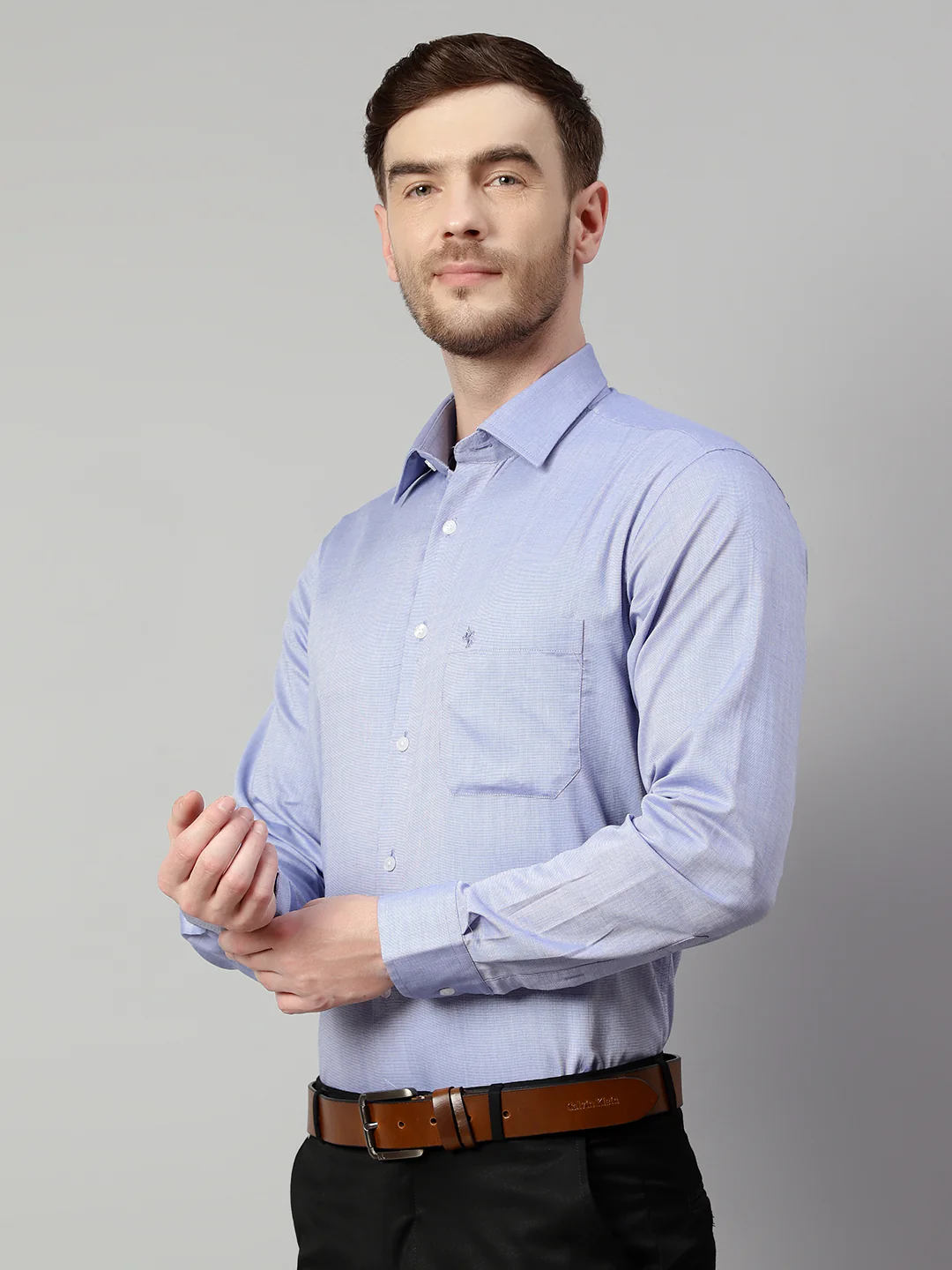 Men's Navy Blue Formal Fil a Fil Plain Full Sleeve Shirt - Image 4
