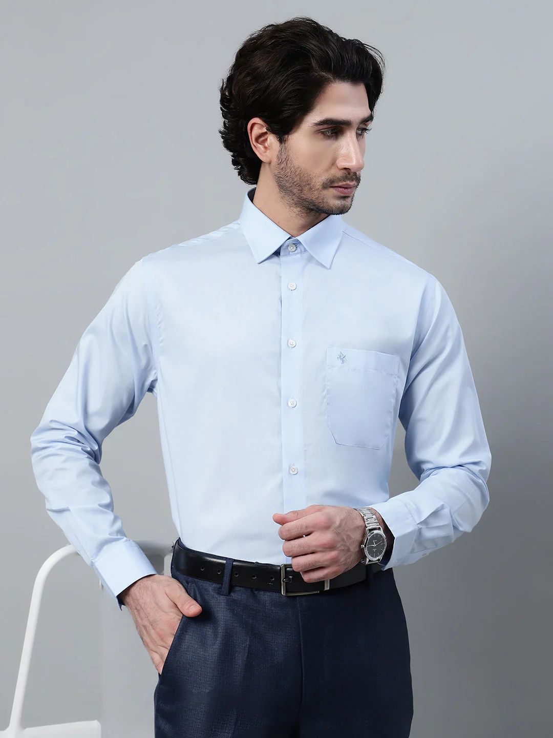 Men's Light Blue Formal Plain Full Sleeve Shirt - Image 5