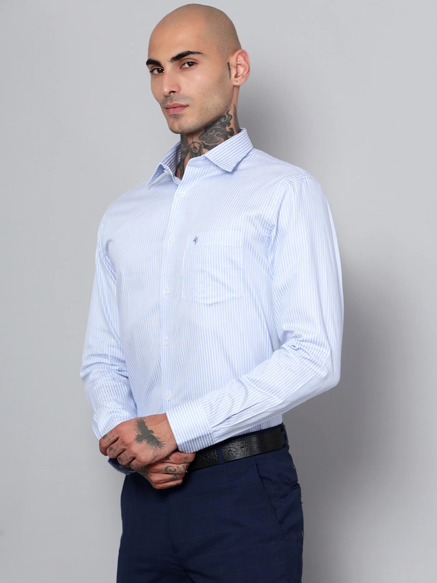 Men's Sky Blue Formal Thin Stripe Full Sleeve Shirt - Image 2