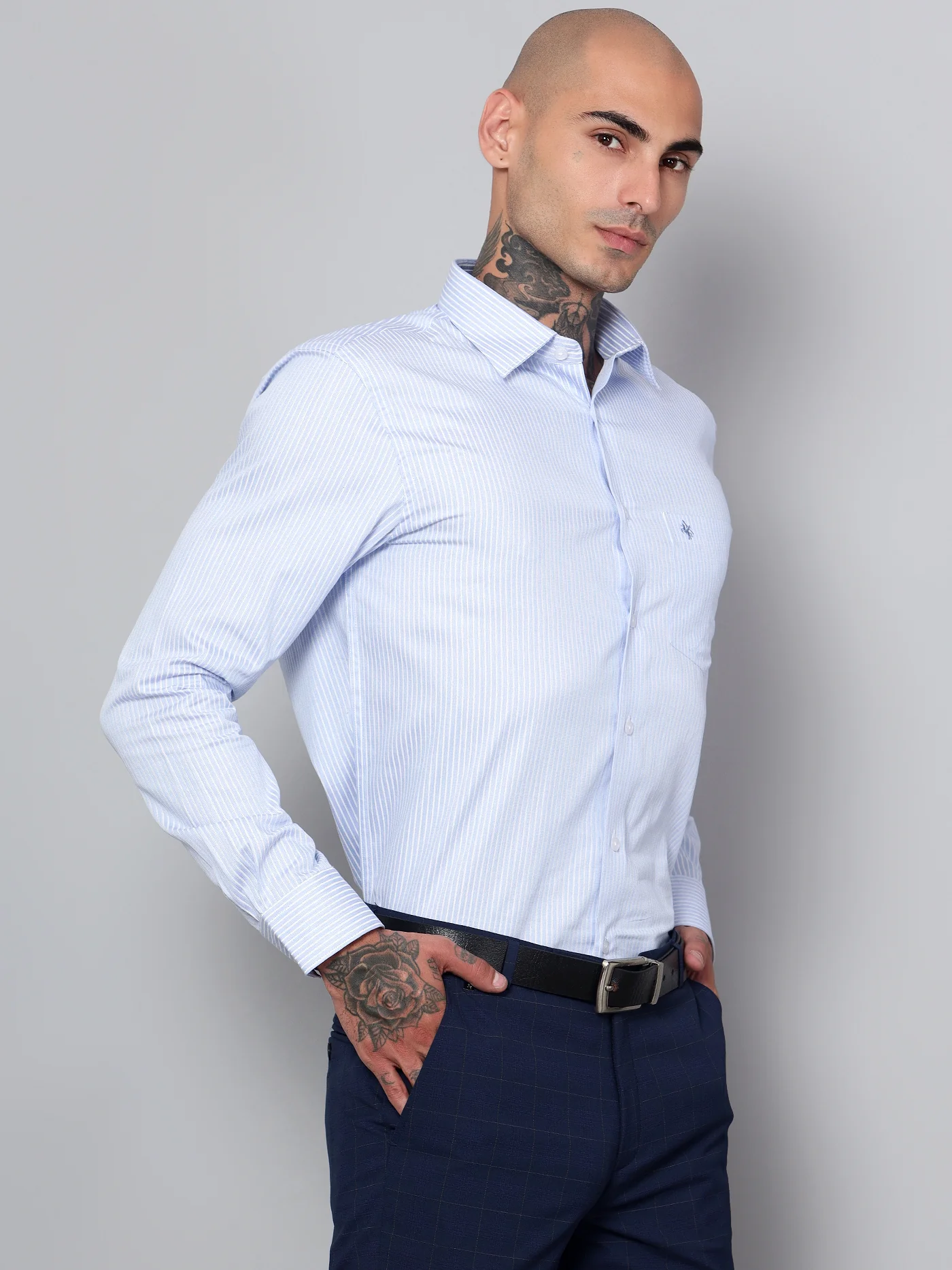 Men's Sky Blue Formal Thin Stripe Full Sleeve Shirt - Image 3