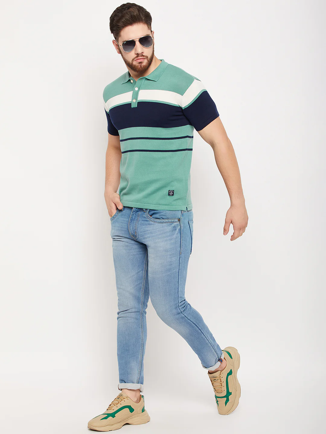 T-Shirt for Men | Breathable & Soft with Color Fastness Regular Fit Polo Neck Cotton Fabric Striped Pattern - Image 2